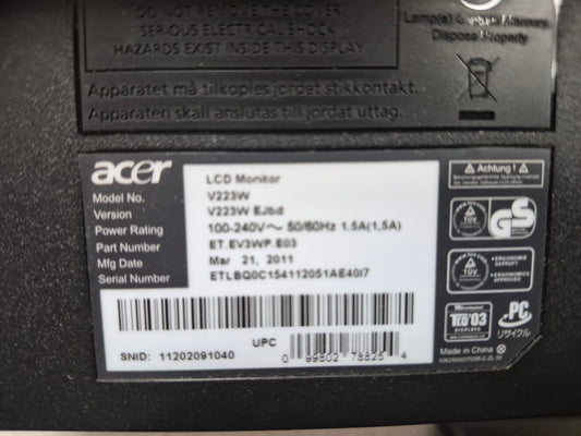 Acer V223W — Moniteur LCD 22" Widescreen | DVI-D + VGA | Reconditionné