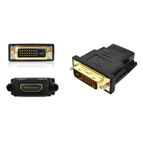 Adaptateur DVI-D mâle vers HDMI femelle — vue des deux connecteurs plaqués or