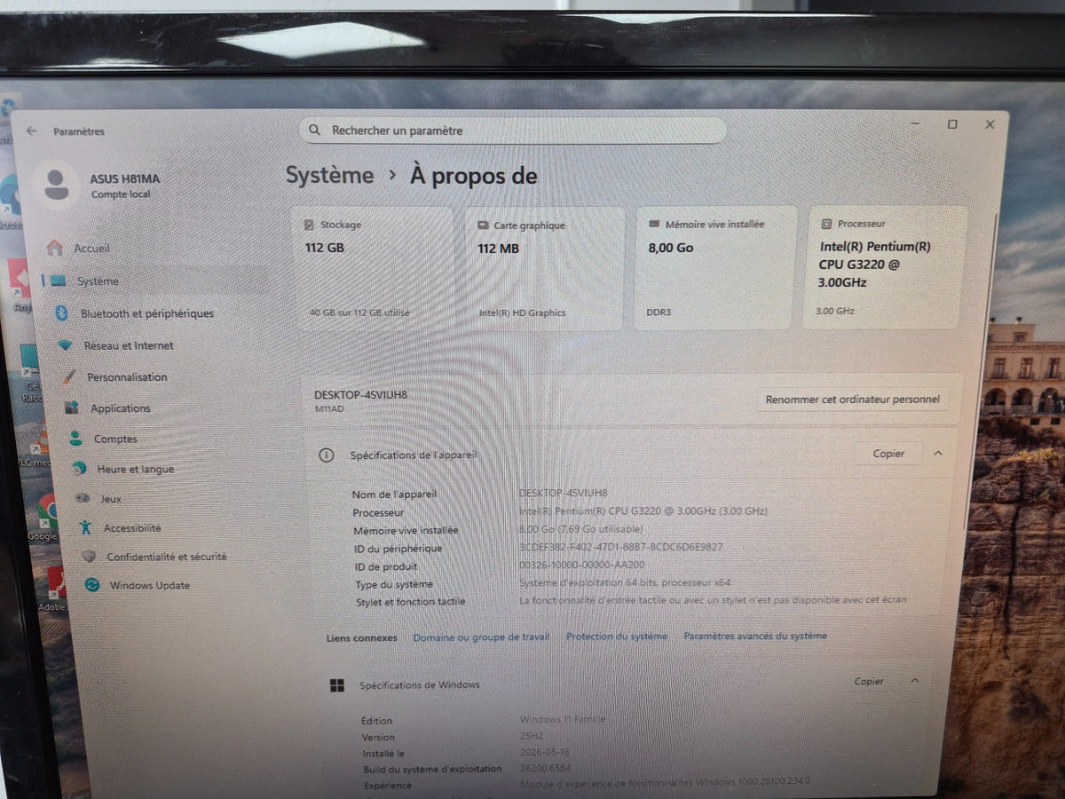 ASUS Essentio M11AD — capture écran Windows 11 Famille — Pentium G3220 3,0 GHz, 8 Go DDR3, Intel HD Graphics, SSD ~112 Go