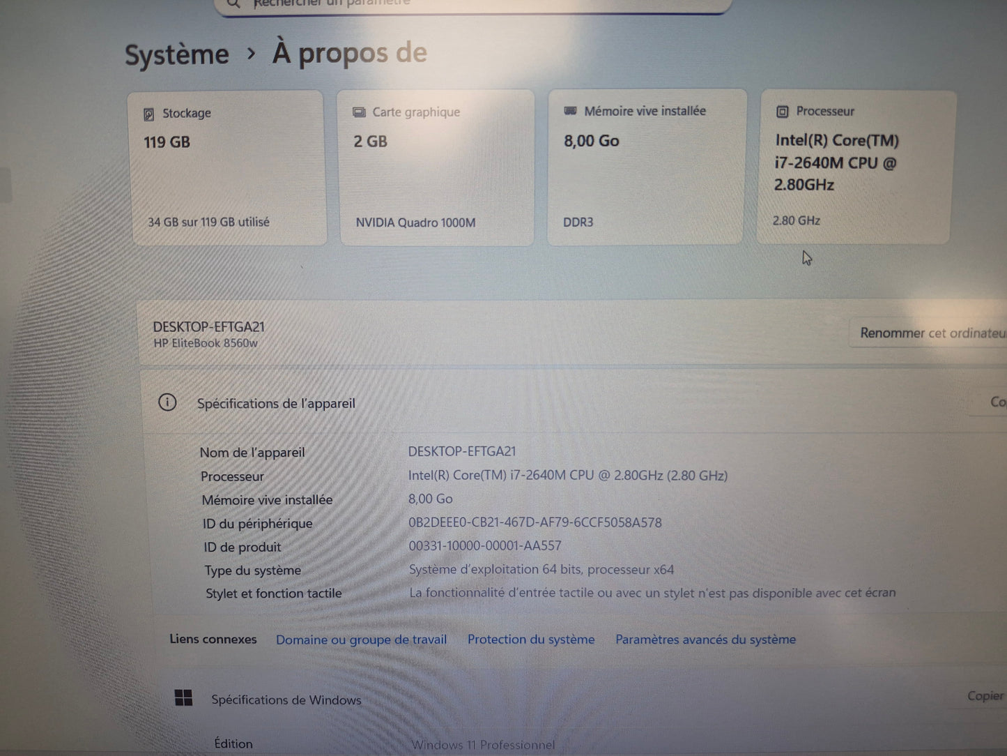 HP EliteBook 8560w – Core i7-2640M | 8 Go | 128 Go SSD | 15.6" FHD | Quadro 1000M | Win 11