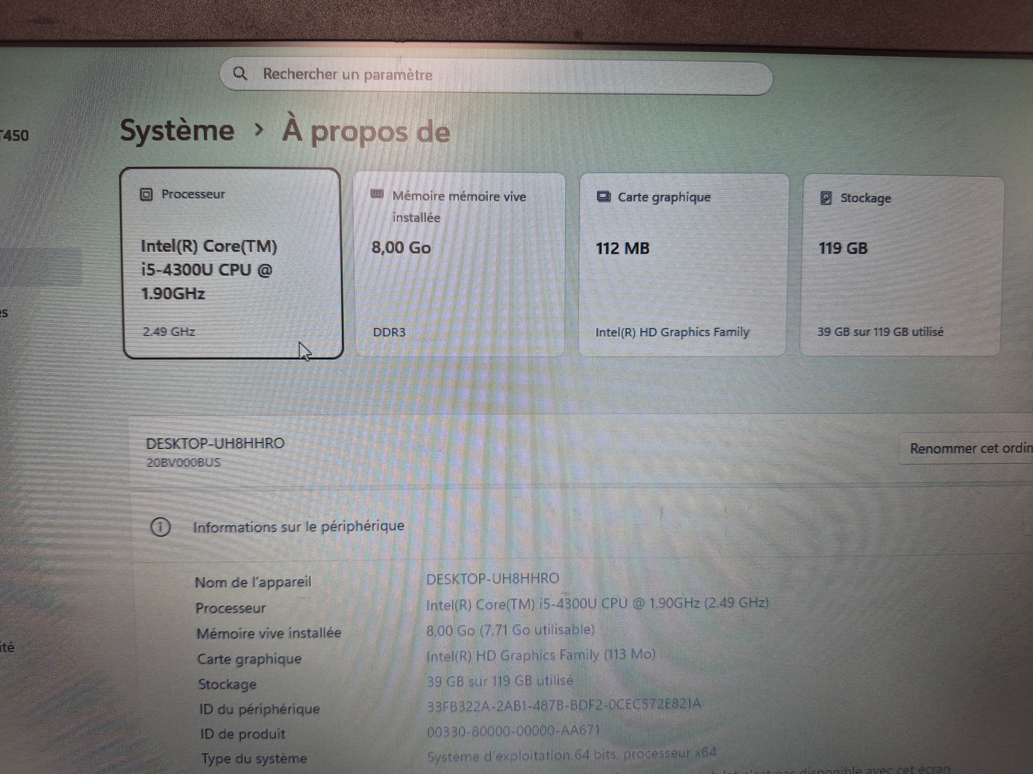 Lenovo ThinkPad T450 – Core i5-4300U | 8 Go DDR3L | 128 Go SSD | 14" HD | Win 11 Pro