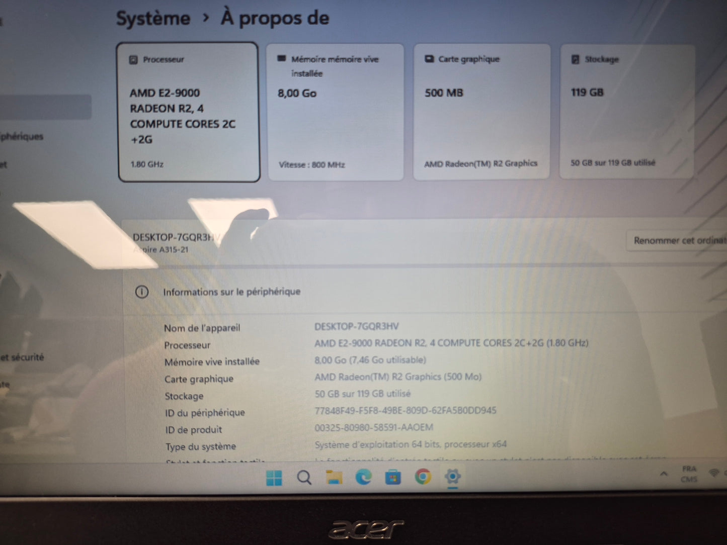 💻 ACER ASPIRE A315-21 Portable Familial • AMD E2-9000 Radeon R2 • 8 Go DDR4 • 128 Go SSD • Windows 11 Famille • Écran 15,6"
