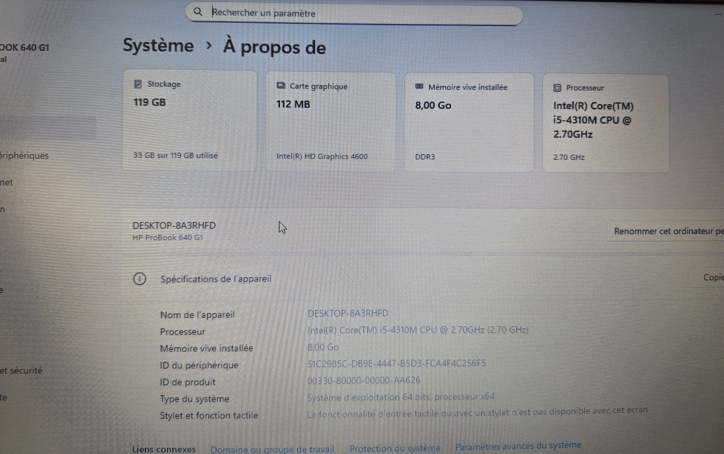 HP ProBook 640 G1 — Intel Core i5  4310m— 8 Go DDR3L — 128 Go SSD — 14" — Win 11 Pro