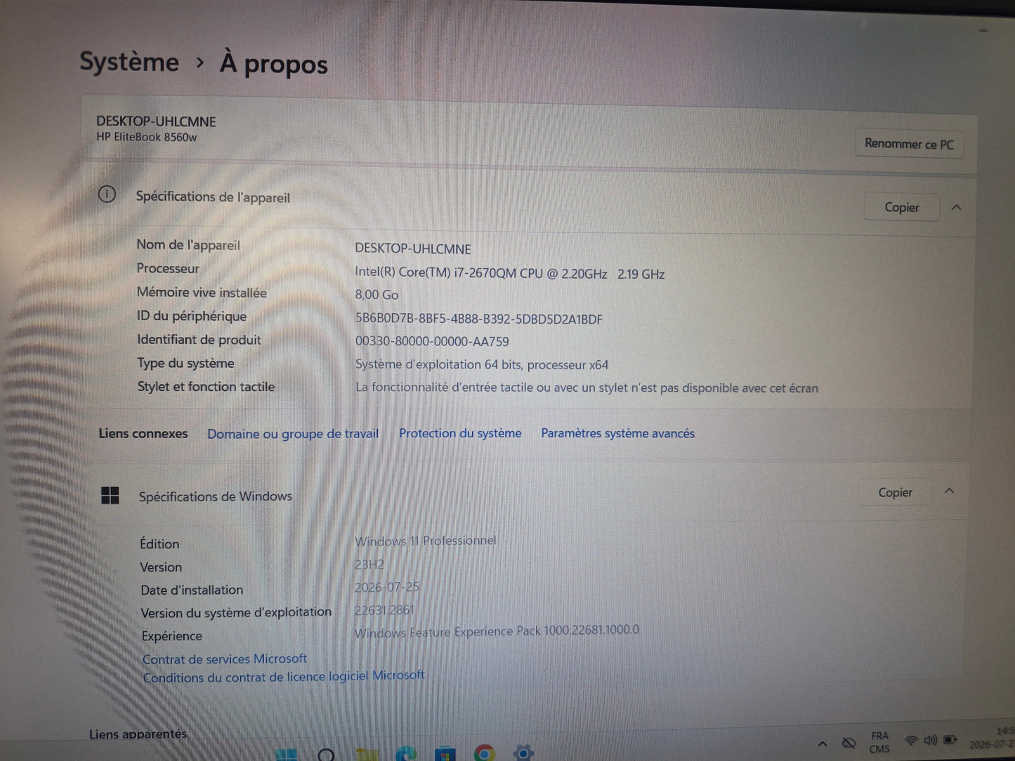 HP EliteBook 8560w — Intel Core i7-2670QM — 8 Go DDR3 — 256 Go SSD — 15,6" FHD — Win 11 Pro