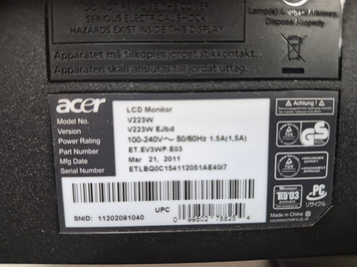 Acer V223W - étiquette arrière modèle V223W EJbd S/N mars 2011