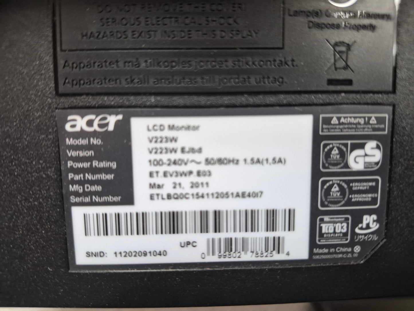 Acer V223W — Moniteur LCD 22" Widescreen | DVI-D + VGA | Reconditionné