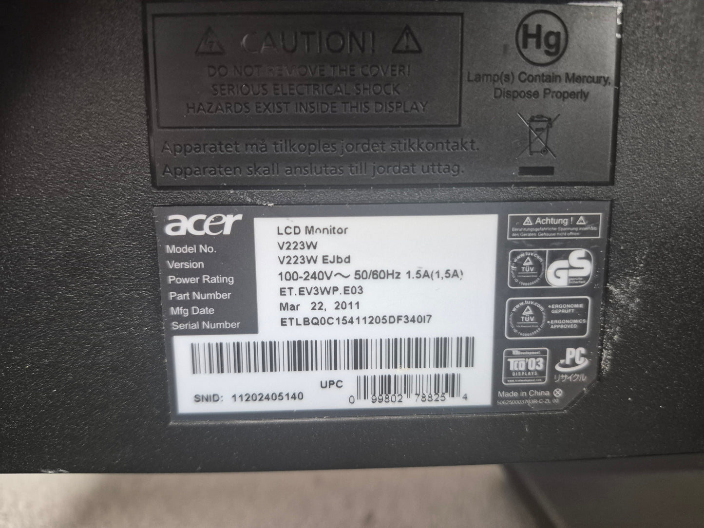 Acer V223W — Moniteur LCD 22" Widescreen | DVI-D + VGA | Reconditionné