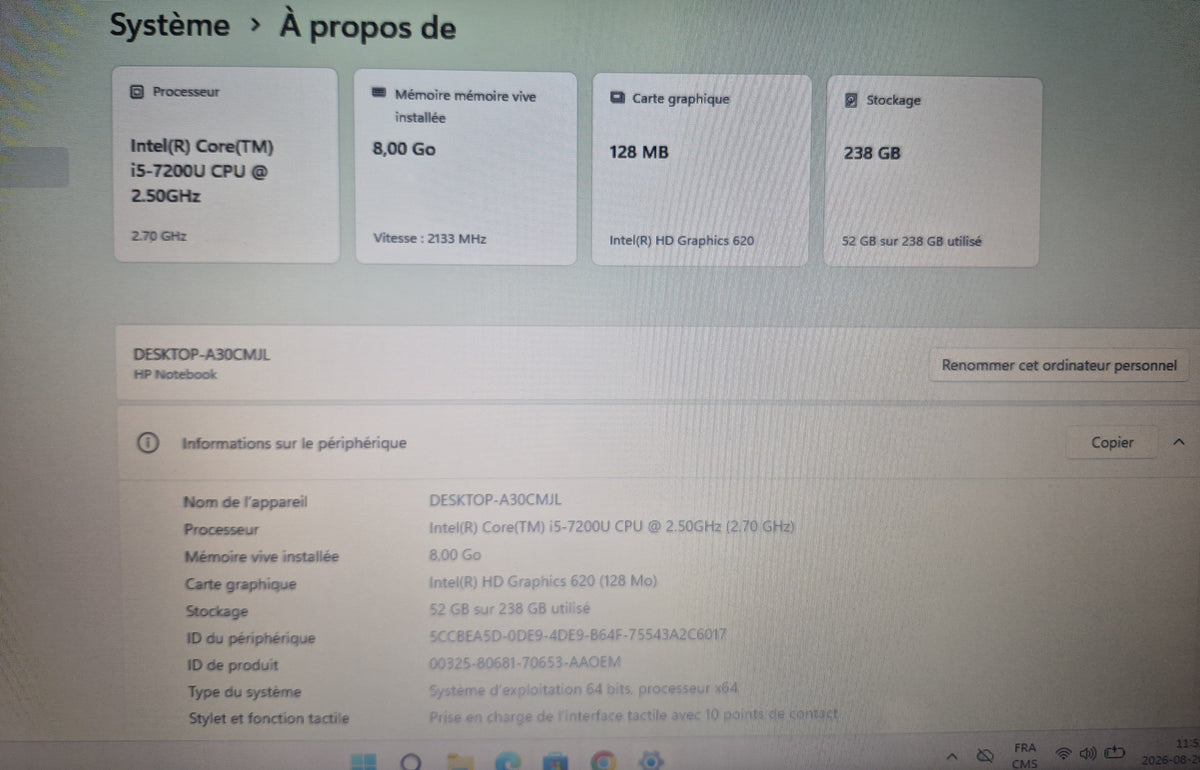 HP 15-ay127ca — Core i5-7200U — 8 Go DDR4 — 256 Go SSD — Écran 15.6" Tactile — Win 11 Famille
