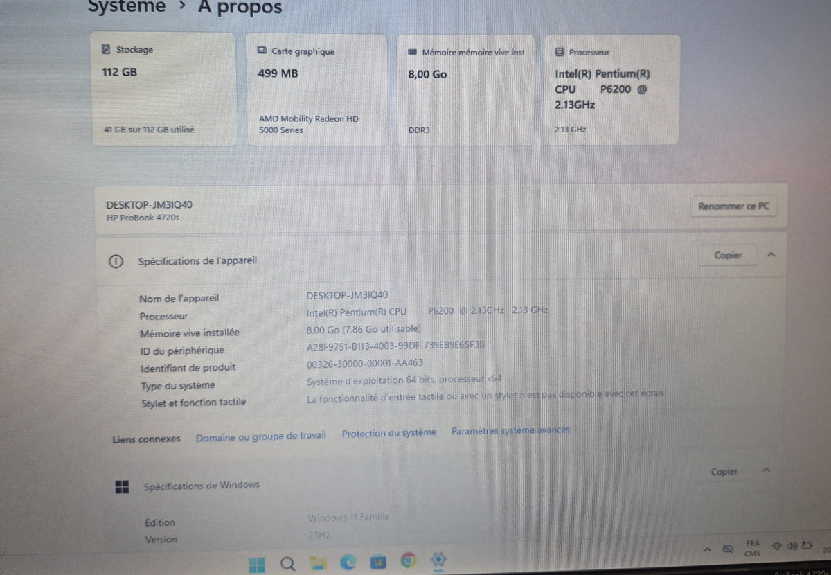 💻 HP PROBOOK 4720S — RECONDITIONNÉ Intel Pentium P6200 • 8 Go DDR3 • SSD 120 Go • 17,3 pouces HD • ATI Radeon HD 4550 • Windows 11 Famille