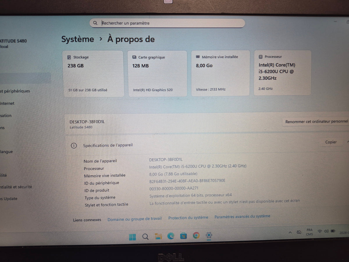 Dell Latitude 5480 — Core i5 6200U • 8 Go DDR4 • NVMe 256 Go • 14" HD • Batterie ~1 h — Reconditionné
