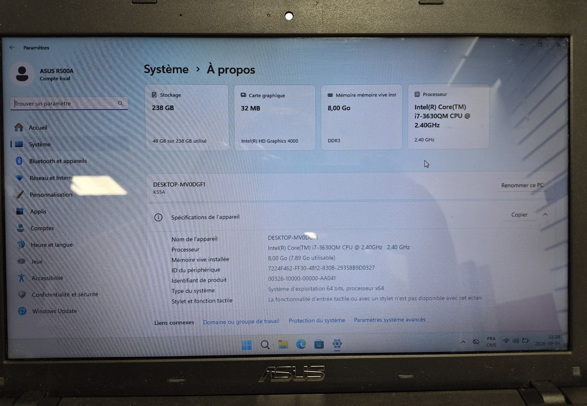 ASUS R500A — Core i7 3630QM • 8 Go DDR3 • SSD 256 Go • 15,6" HD • Graveur DVD • Batterie non fonctionnelle — Reconditionné