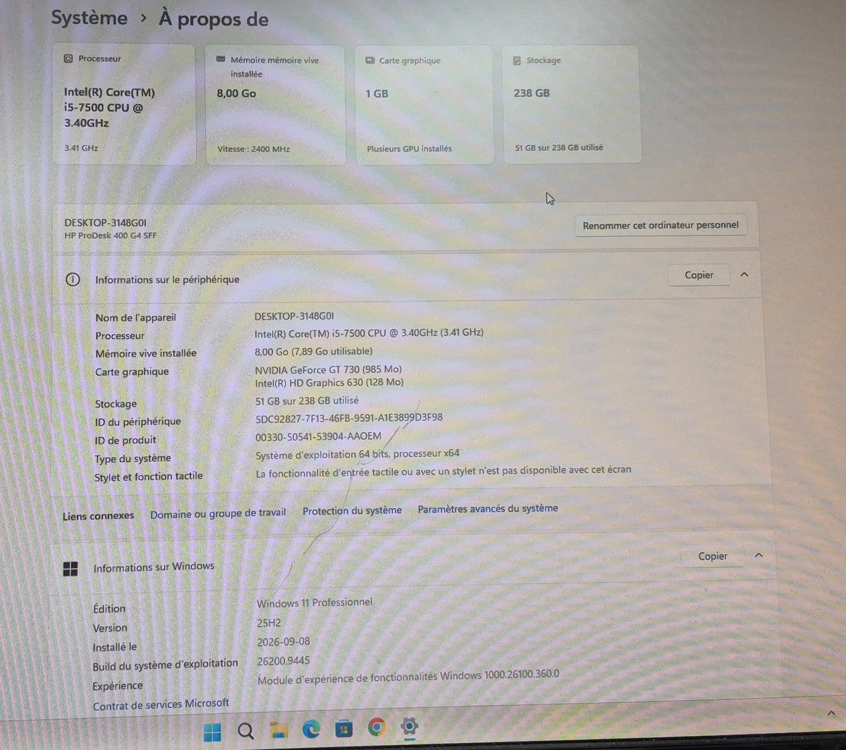 🖥️ HP PRODESK 400 G4 SFF Intel Core i5-7500 • 8 Go DDR4 • SSD 256 Go • NVIDIA GT 730 • Windows 11 Pro • DVI • HDMI