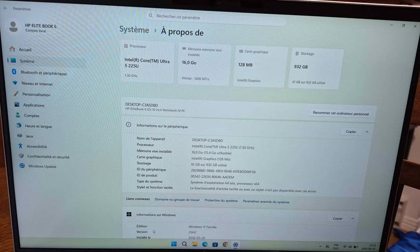 HP EliteBook 6 G1i — Intel Core Ultra 5 225U • 16 Go DDR5 • SSD 1 To • 16" WUXGA — Quasi-neuf
