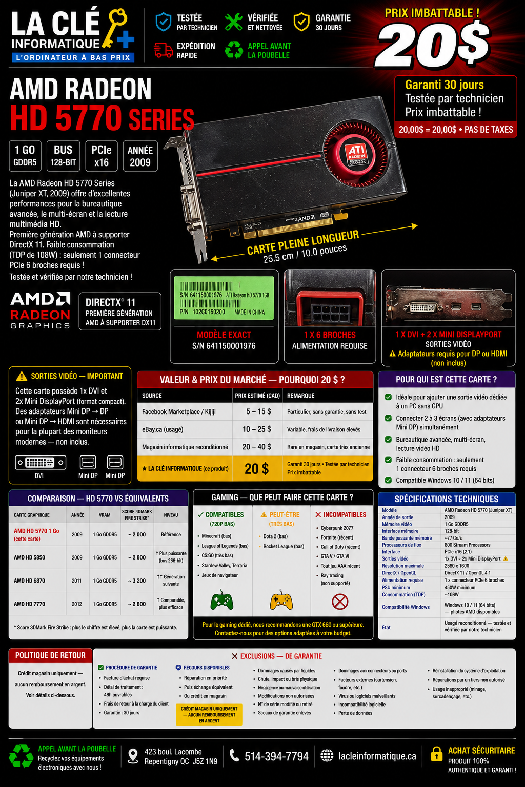 Affiche promotionnelle AMD Radeon HD 5770 1Go - LA CLÉ INFORMATIQUE 20$
