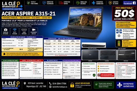 💻 ACER ASPIRE A315-21 Portable Familial • AMD E2-9000 Radeon R2 • 8 Go DDR4 • 128 Go SSD • Windows 11 Famille • Écran 15,6"
