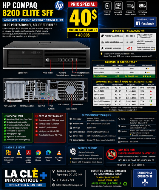 HP Compaq 8200 Elite SFF — Intel Core i7-2600 — 8 Go DDR3 — 500 Go HDD — Win 11 Pro — Garantie 30 jours