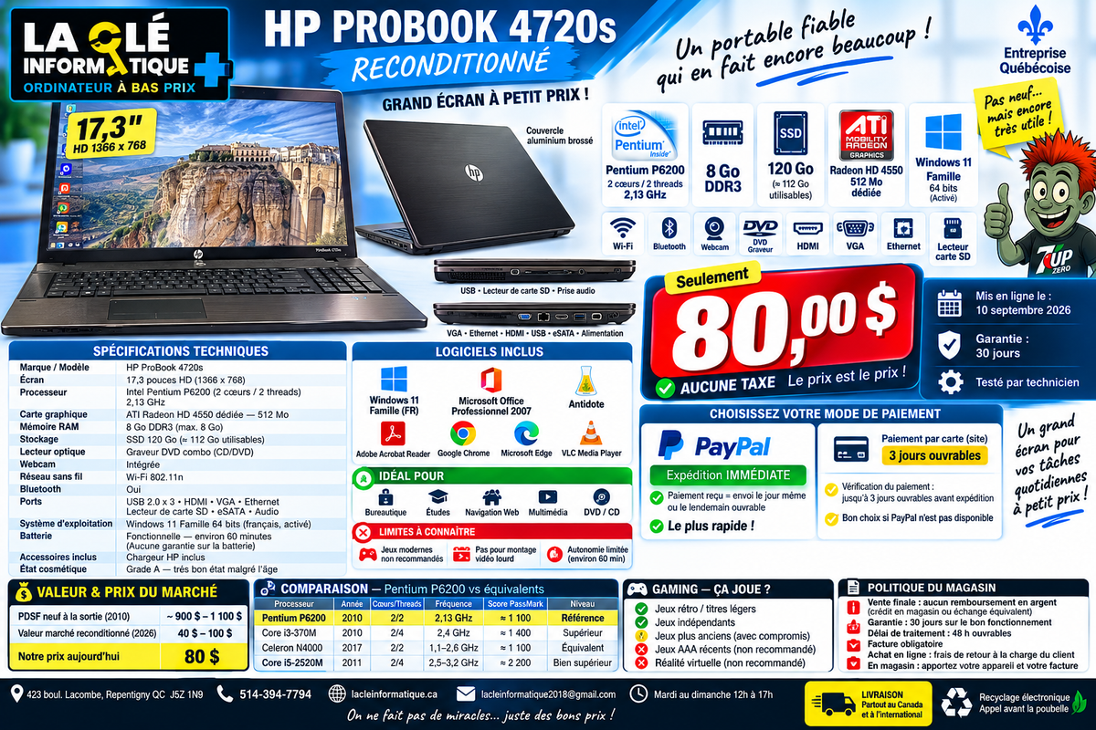 💻 HP PROBOOK 4720S — RECONDITIONNÉ Intel Pentium P6200 • 8 Go DDR3 • SSD 120 Go • 17,3 pouces HD • ATI Radeon HD 4550 • Windows 11 Famille