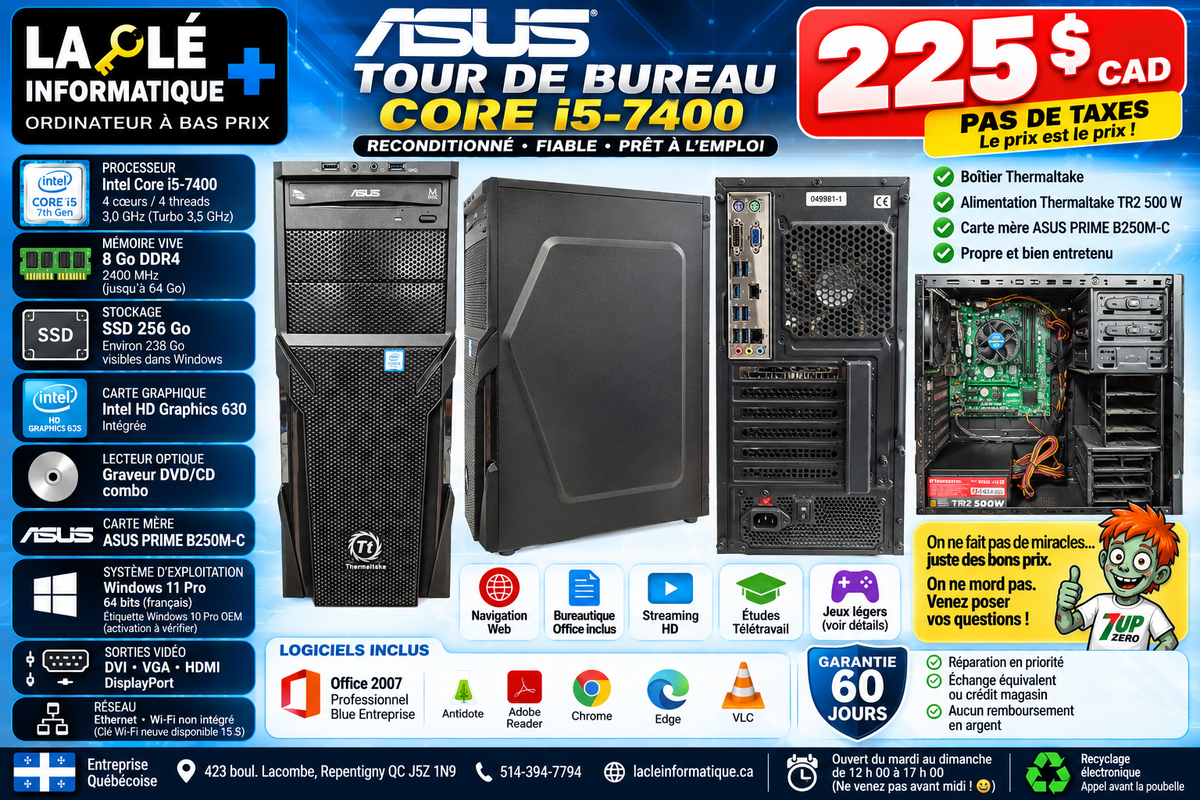 Tour Thermaltake — carte mère ASUS PRIME B250M-C, Core i5-7400, 8 Go DDR4, SSD 256 Go, Windows 11 Pro