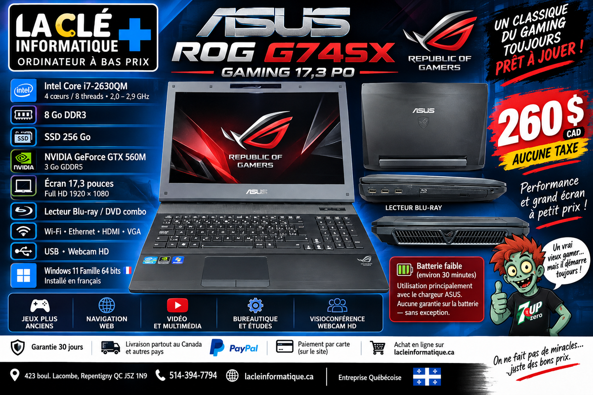 Portable ASUS ROG G74SX — Core i7-2630QM, GTX 560M 3 Go, SSD 256 Go