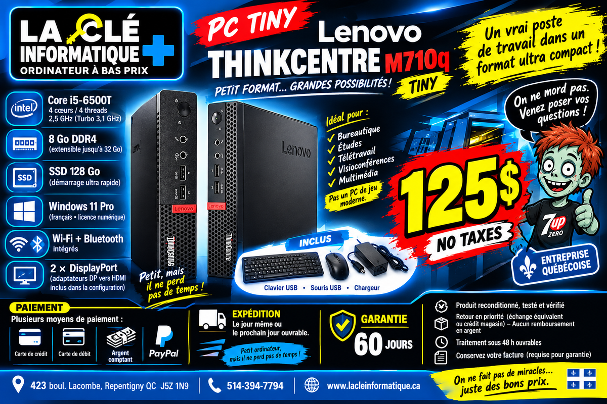PC Tiny Lenovo ThinkCentre M710q — Core i5-6500T, 8 Go, SSD 128 Go