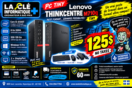 PC Tiny Lenovo ThinkCentre M710q — Core i5-6500T, 8 Go, SSD 128 Go