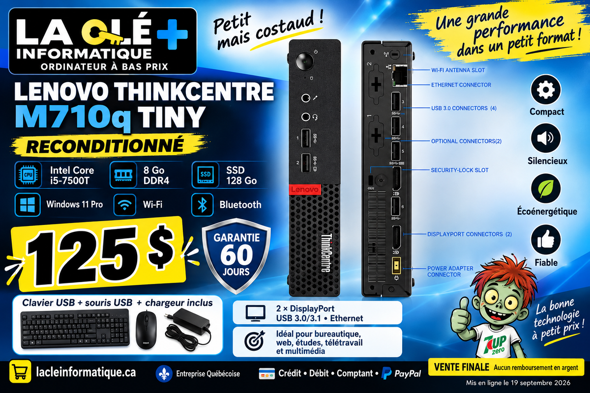 PC Tiny Lenovo ThinkCentre M710q — Core i5-7500T, 8 Go, SSD 128 Go
