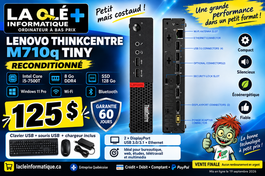 PC Tiny Lenovo ThinkCentre M710q — Core i5-7500T, 8 Go, SSD 128 Go