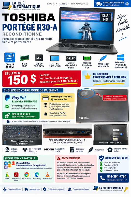Toshiba Portégé R30-A — Core i5 4200M • 8 Go DDR3 • SSD 128 Go • 13.3" HD • Clavier Rétroéclairé • Batterie Excellente — Reconditionné