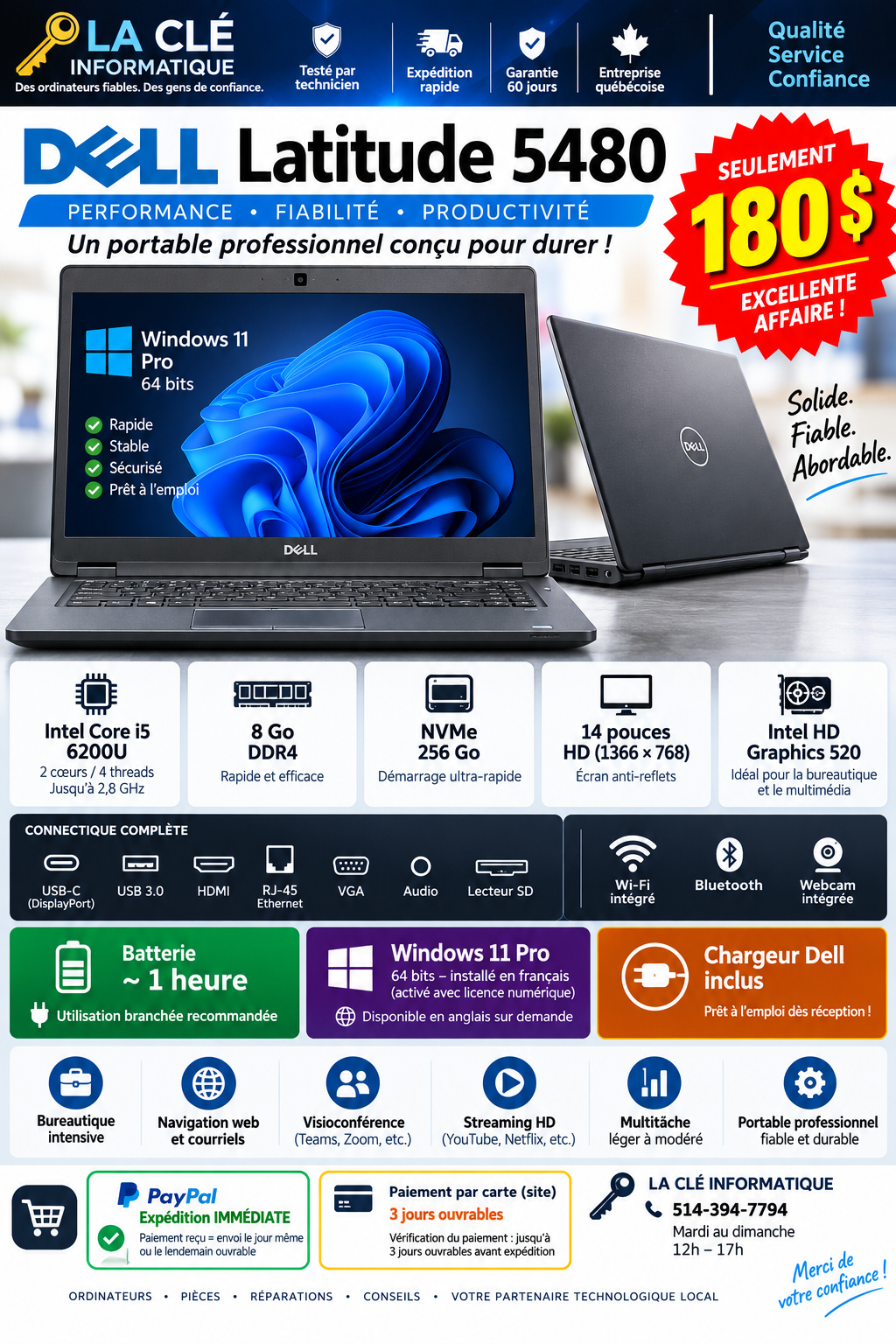 Dell Latitude 5480 — Core i5 6200U • 8 Go DDR4 • NVMe 256 Go • 14" HD • Batterie ~1 h — Reconditionné