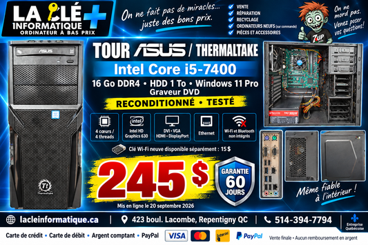 Tour ASUS / Thermaltake — Core i5-7400, 16 Go DDR4, HDD 1 To, Windows 11 Pro