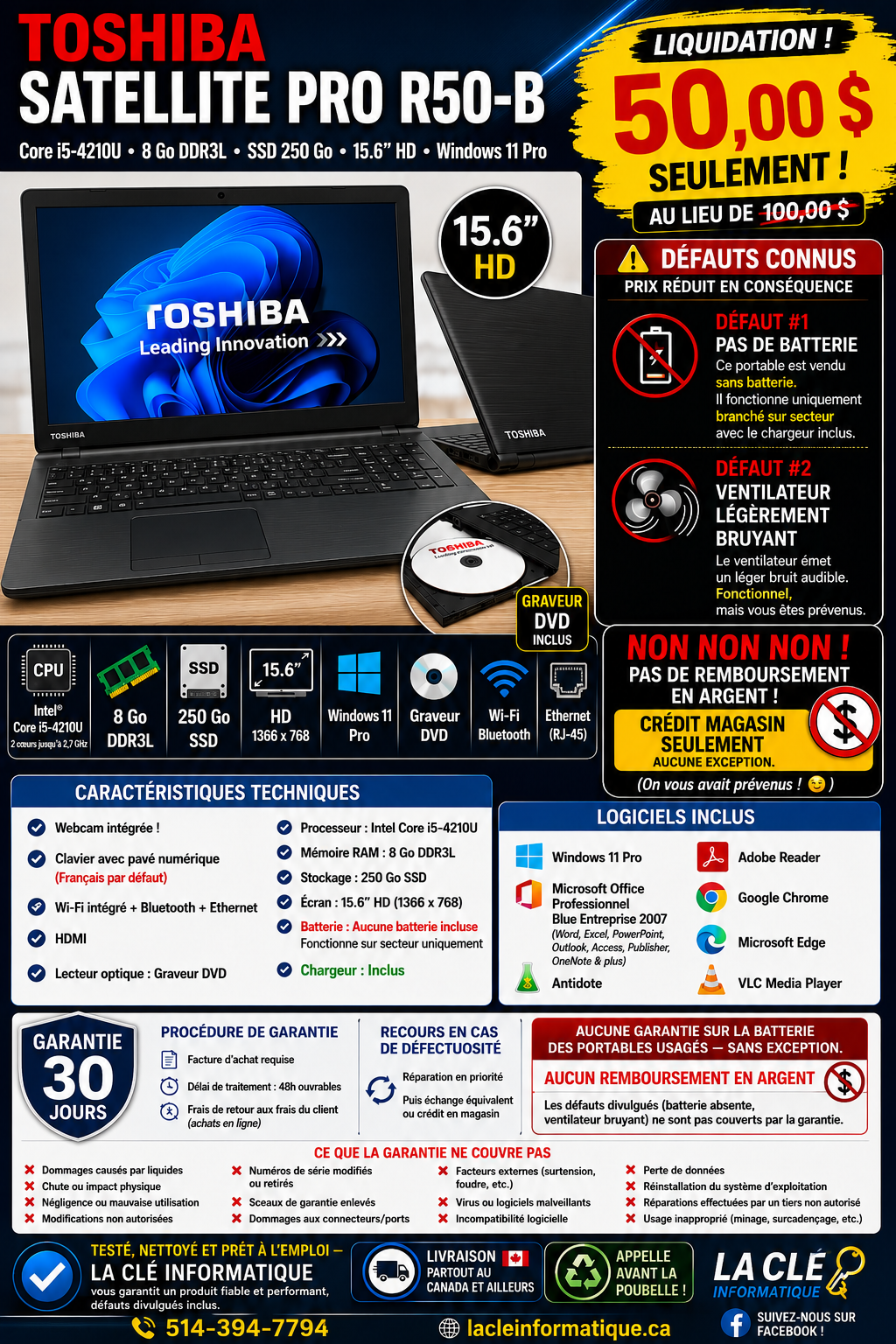 Toshiba Satellite Pro R50-B – Core i5-4210U | 8 Go DDR3L | 250 Go SSD | 15.6" HD | Win 11 Pro | Défauts notés
