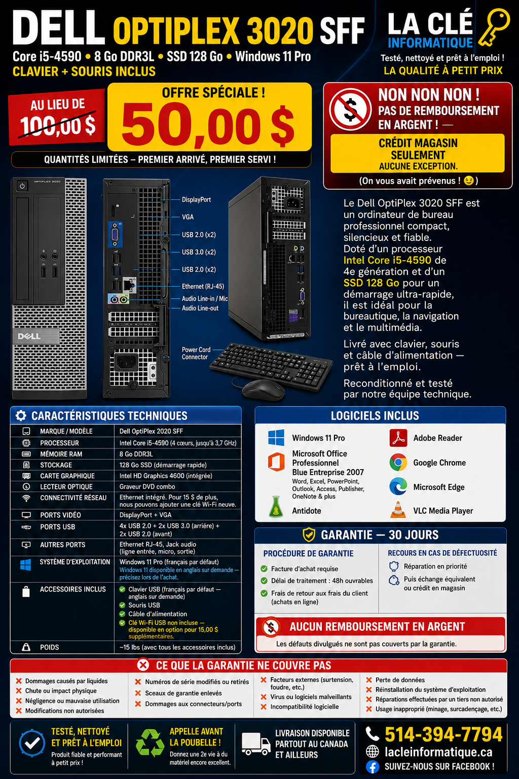 Dell OptiPlex 3020 SFF – Core i5-4590 | 8 Go DDR3L | 128 Go SSD | Win 11 Pro | Clavier + Souris