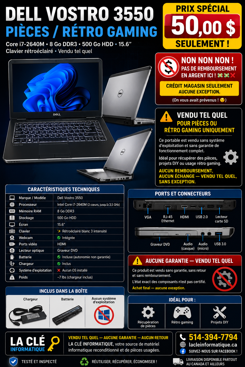 Dell Vostro 3550 – Core i7-2640M | 8 GB | 500 GB HDD | 15.6" | Backlit Keyboard | SOLD FOR PARTS or RETRO GAMING