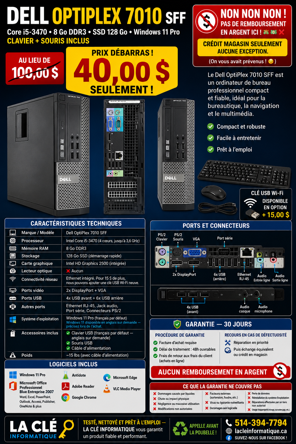 Dell OptiPlex 7010 SFF – Core i5-3470 | 8 Go DDR3 | 128 Go SSD | Win 11 Pro | Clavier + Souris