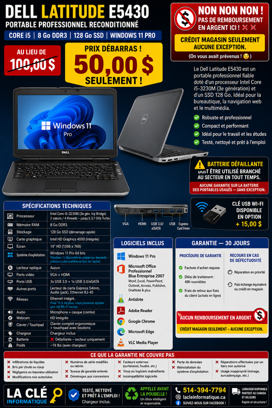 Dell Latitude E5430 – Core i5-3230M | 8 Go DDR3 | 128 Go SSD | Windows 11 Pro