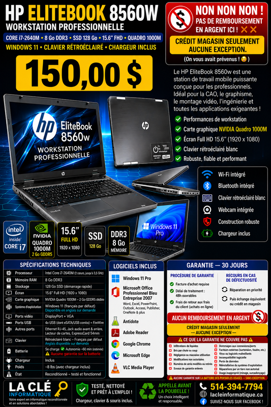 HP EliteBook 8560w – Core i7-2640M | 8 Go | 128 Go SSD | 15.6" FHD | Quadro 1000M | Win 11