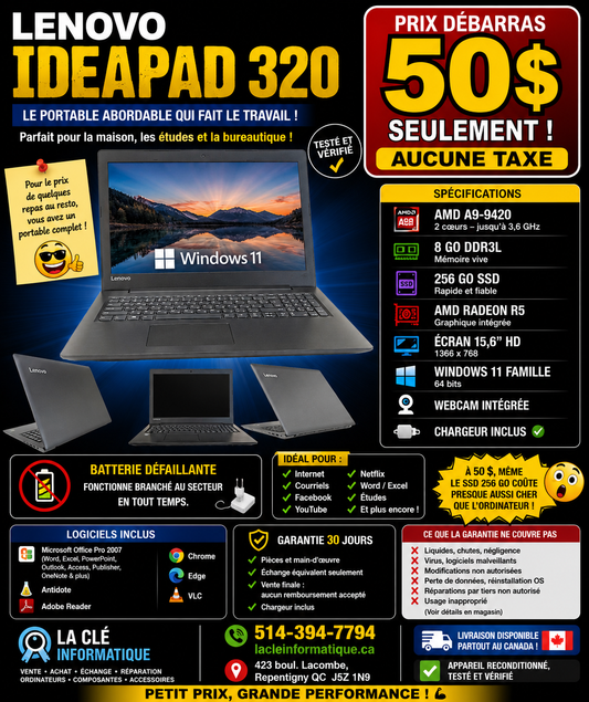 Lenovo IdeaPad 320 – AMD A9-9420 | 8 Go DDR3L | 256 Go SSD | Windows 11 Famille