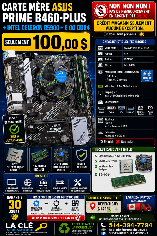*Carte Mère Asus PRIME B460-PLUS + CPU Celeron G5900 + 8 Go DDR4