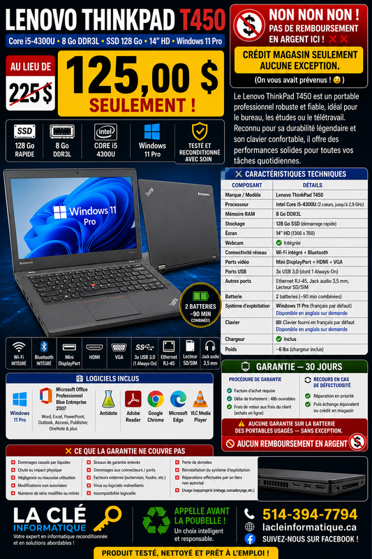 Lenovo ThinkPad T450 – Core i5-4300U | 8 Go DDR3L | 128 Go SSD | 14" HD | Win 11 Pro