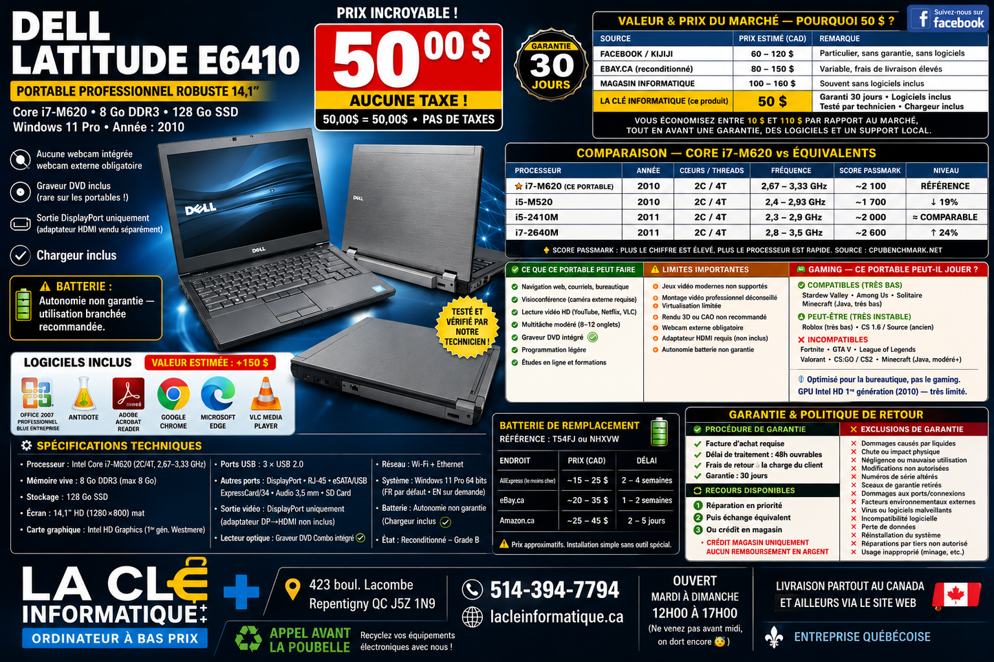 Dell Latitude E6410 Core i7-M620 – 8 Go RAM – 128 Go SSD – Win 11 Pro