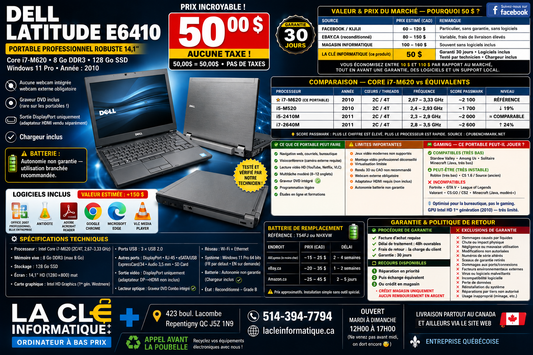 Dell Latitude E6410 Core i7-M620 – 8 Go RAM – 128 Go SSD – Win 11 Pro