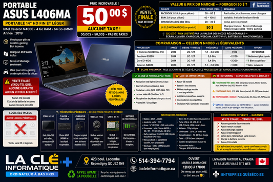Ordinateur Portable ASUS L406MA — Pour Pièces ou Rétro-Gaming