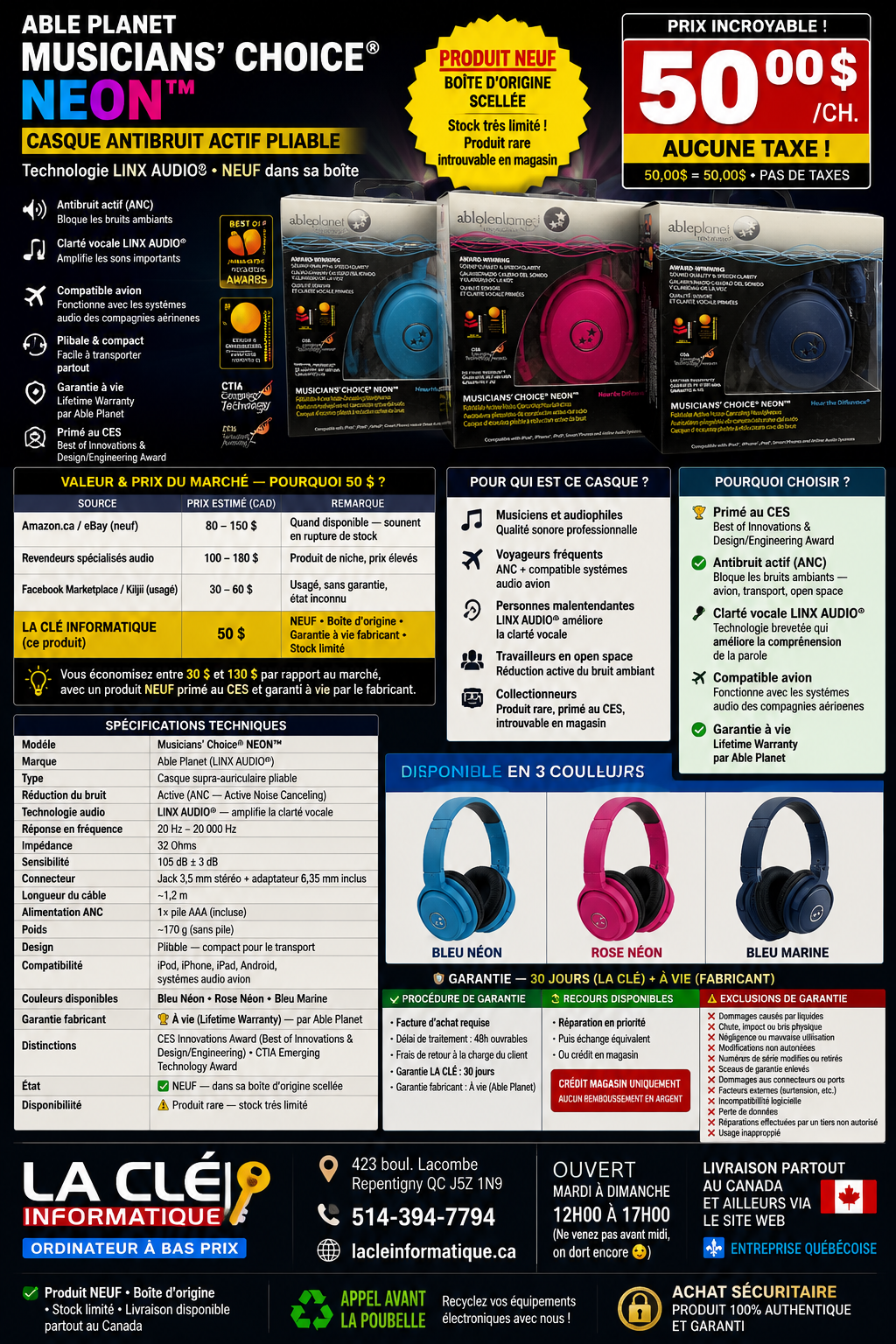 Able Planet Musicians' Choice NEON – Casque antibruit pliable (NEUF)