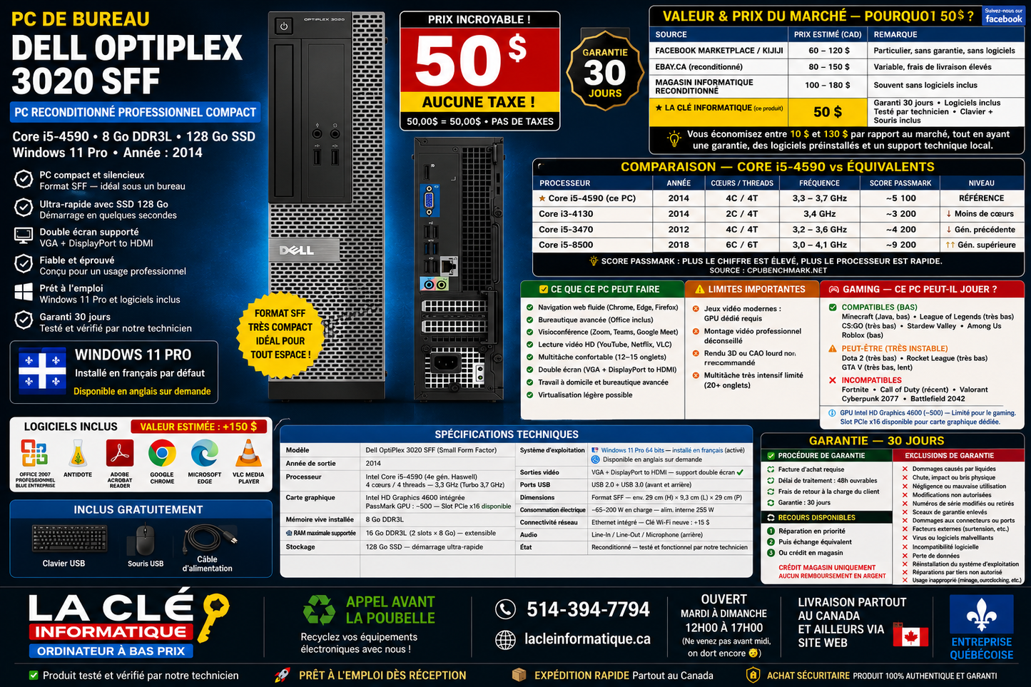 Dell OptiPlex 3020 SFF – Core i5-4590 | 8 GB DDR3L | 128 GB SSD | Win 11 Pro | Keyboard + Mouse
