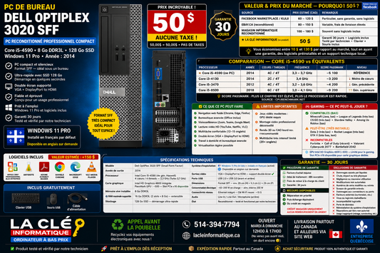 Dell OptiPlex 3020 SFF – Core i5-4590 | 8 Go DDR3L | 128 Go SSD | Win 11 Pro | Clavier + Souris