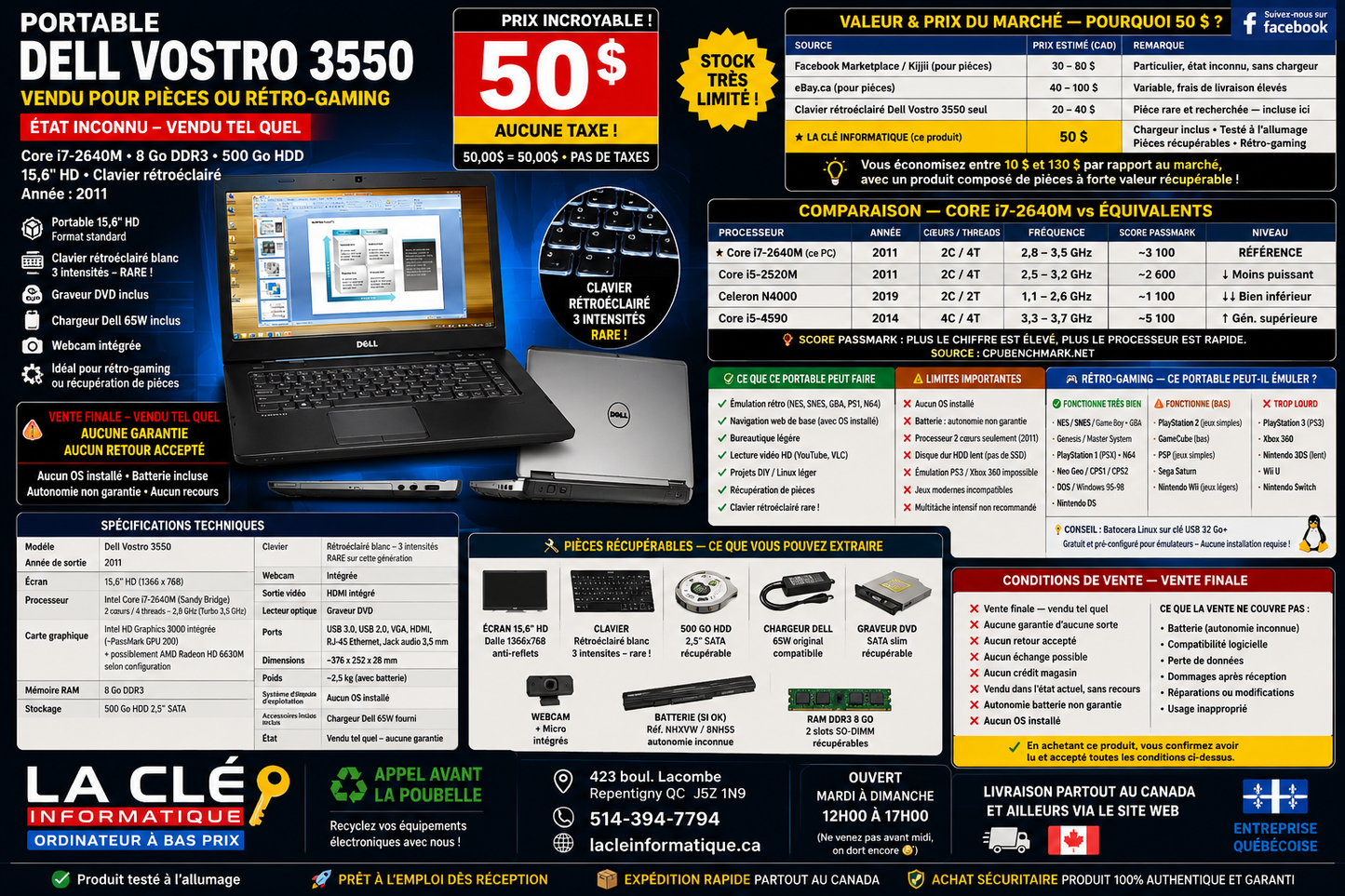 Dell Vostro 3550 – Core i7-2640M | 8 GB | 500 GB HDD | 15.6" | Backlit Keyboard | SOLD FOR PARTS or RETRO GAMING