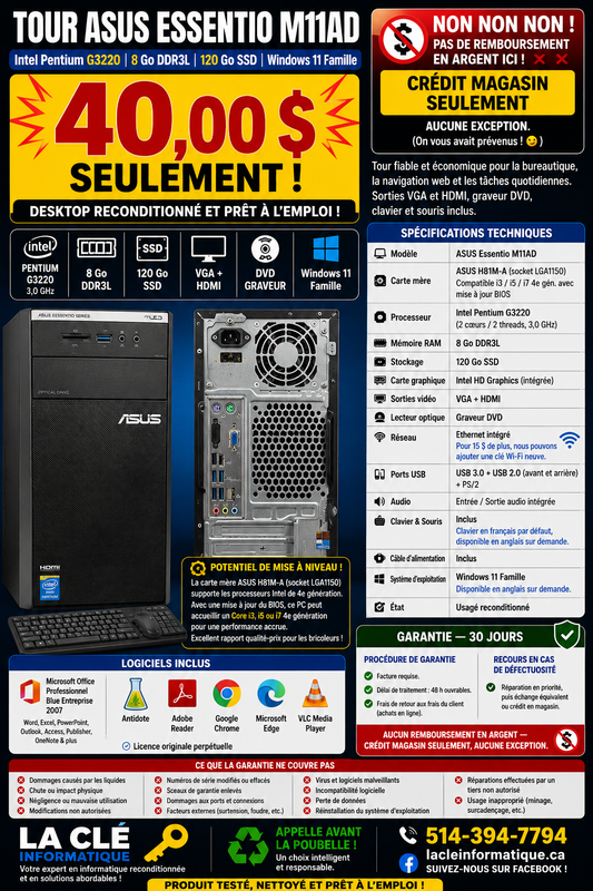 Tour ASUS Essentio M11AD — Intel Pentium G3220 | 8 Go DDR3L | 120 Go SSD | Win 11 Famille | VGA / HDMI | Clavier & Souris inclus