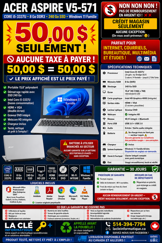 Acer Aspire V5-571 – Core i5-3337U | 8 Go DDR3 | 240 Go SSD | Windows 11 Famille