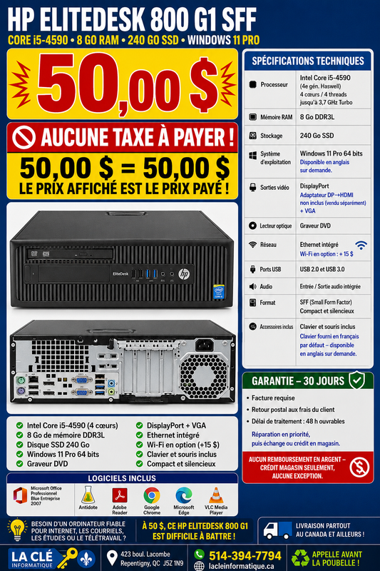 HP EliteDesk 800 G1 SFF – Core i5-4590 | 8 Go DDR3L | 240 Go SSD | Windows 11 Pro | Clavier & Souris inclus