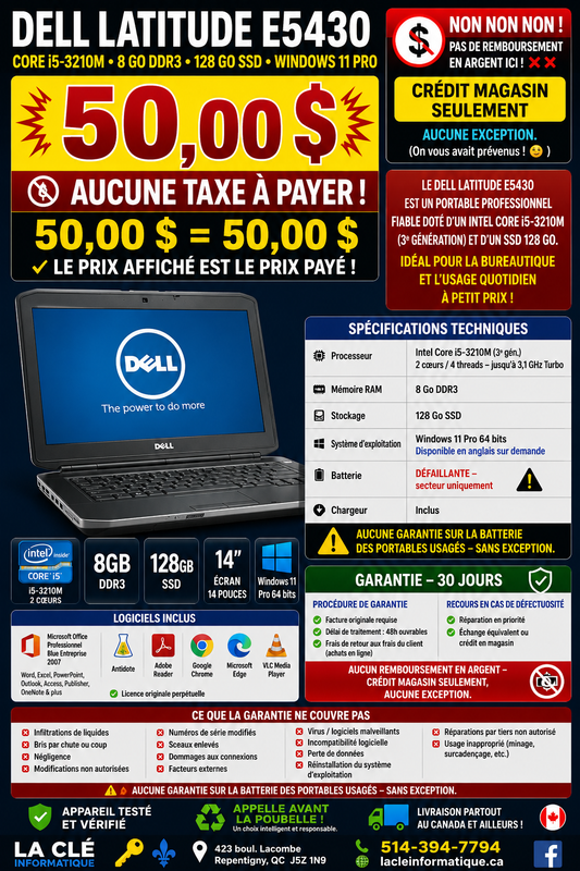 Dell Latitude E5430 – Core i5-3210M | 8 Go DDR3 | 128 Go SSD | Windows 11 Pro